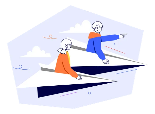 Man And Woman On A Paper Plane To The Future  Illustration