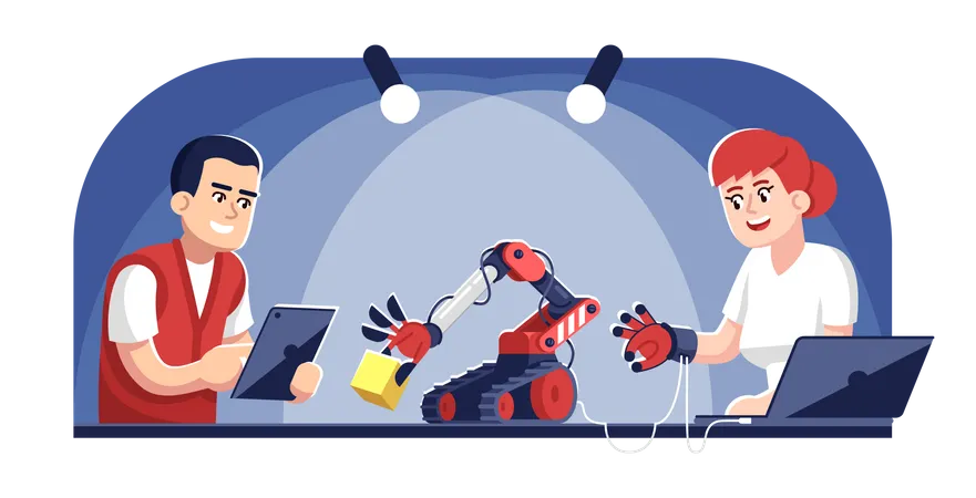 Man and woman operating robot arm Illustration