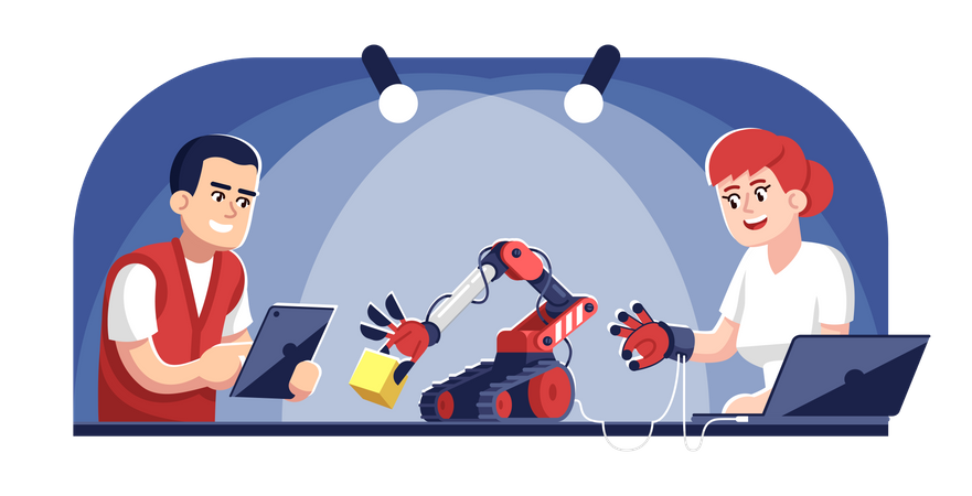 Man and woman operating robot arm  Illustration