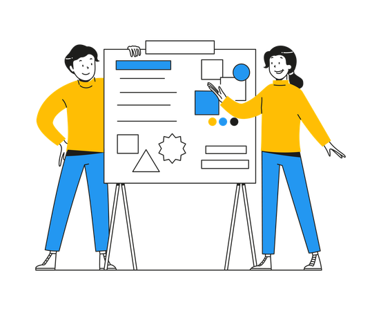 Man and woman organising layout template for brand content and interface  Illustration