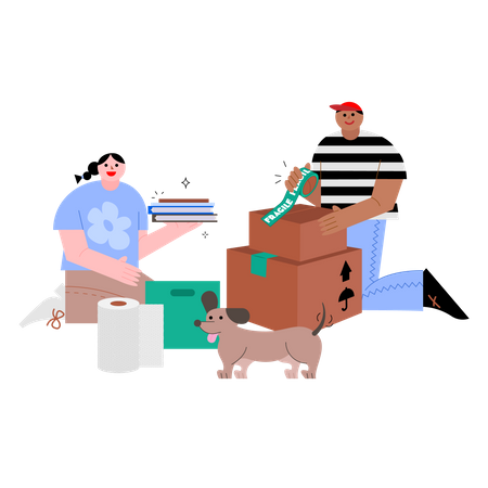 Man and woman packing books  Illustration