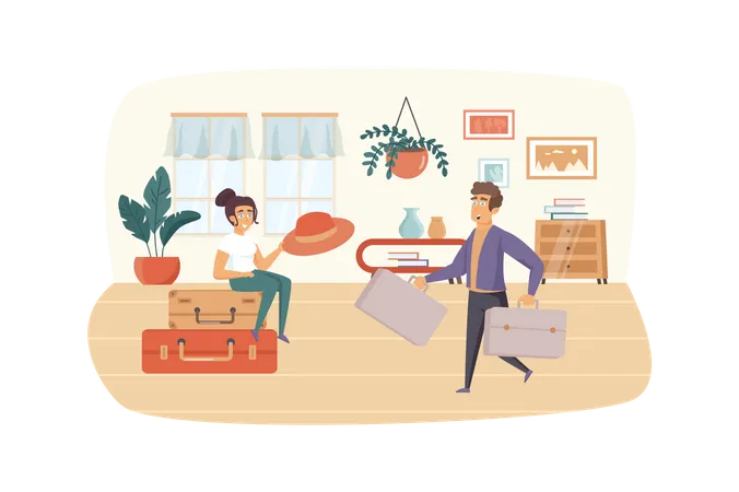 Man And Woman Packing Suitcases For Vacation Couple Travels Together Scene Summer Recreation Travel The World Tourism Industry Concept Vector Illustration Of People Characters In Flat Design Illustration