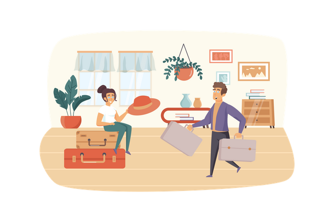 Man and woman packing suitcases for vacation  Illustration