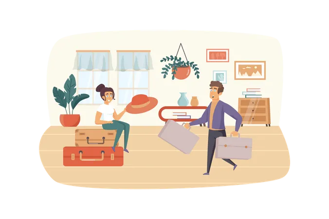 Man and woman packing suitcases for vacation  Illustration