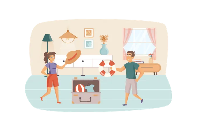 Couple Travels Together Scene Man And Woman Packing Things In Suitcase Preparing For Vacation Seaside Resort Summer Rest By Sea Concept Vector Illustration Of People Characters In Flat Design イラスト