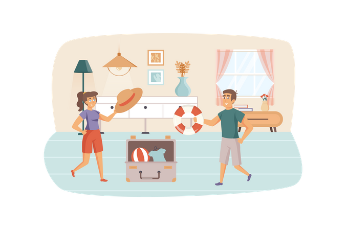 Man and woman packing things in suitcase, preparing for vacation  Illustration