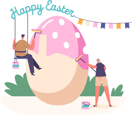 Man and Woman Painting Eggs for Easter Holiday Celebration  Illustration