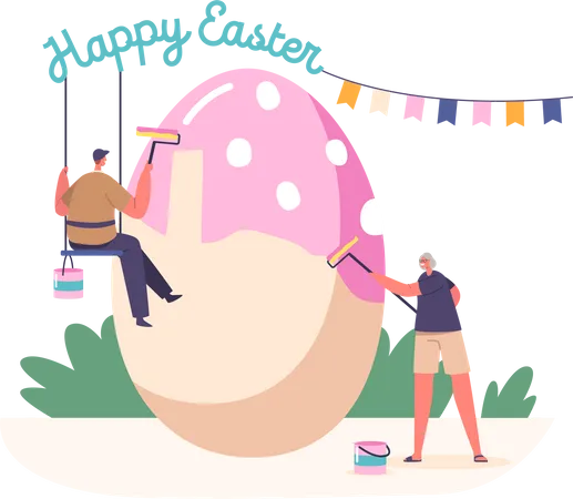 Man and Woman Painting Eggs for Easter Holiday Celebration  Illustration
