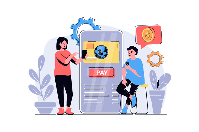 Man and woman paying purchases with credit card  Illustration