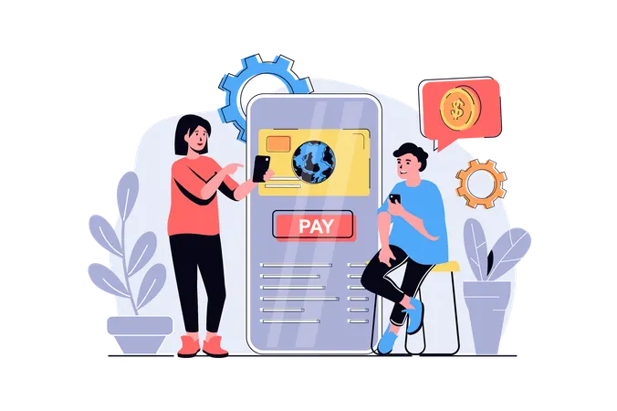 Man and woman paying purchases with credit card  Illustration