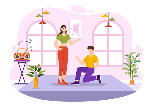 Dance Studio Vector Illustration With Dancing Couples Performing Accompanied By Music In Flat Cartoon Background Design イラスト