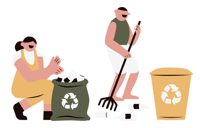 Man and woman picking up plastic trash together  Illustration