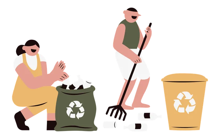 Man and woman picking up plastic trash together  Illustration