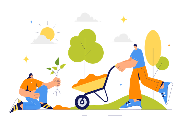 Man and woman planting trees  Illustration