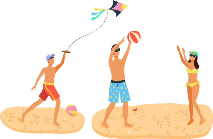 Man and Woman playing beach game  일러스트레이션