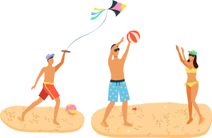 Summer Fun Recreation Activities On Sand Man And Woman In Swimsuit Playing Beach Volleyball Male With Wind Kite Cartoon People With Ball Isolated Illustration