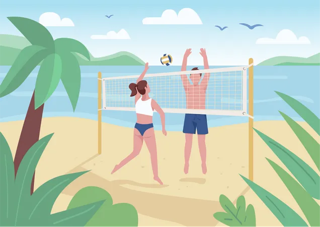 Man and woman playing beach volleyball Illustration