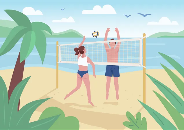 Man and woman playing beach volleyball  Illustration