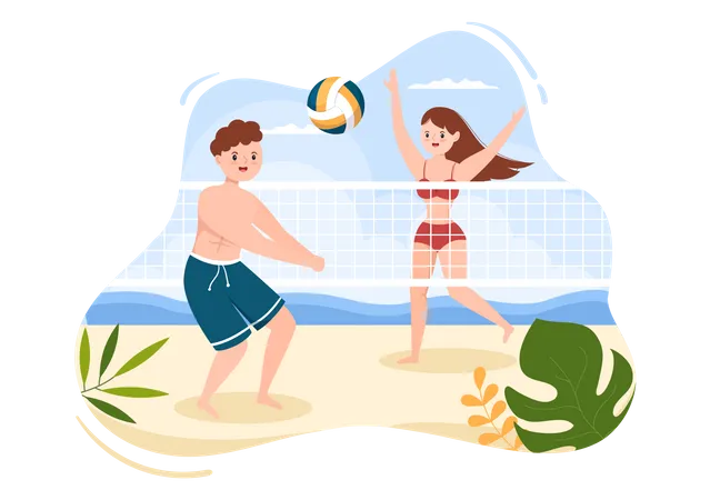 Man and woman playing beach volleyball  Illustration