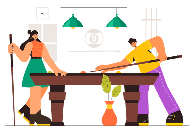 Man and Woman Playing Billiard Game  Illustration