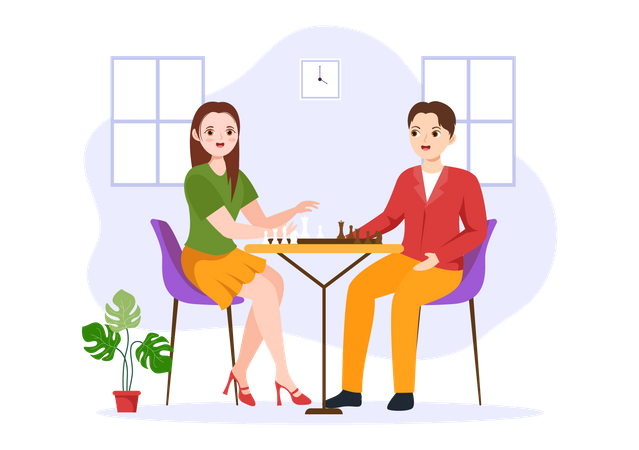 Man and woman playing chess board game Illustration