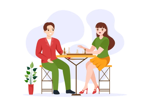 Man and woman playing chess game Illustration
