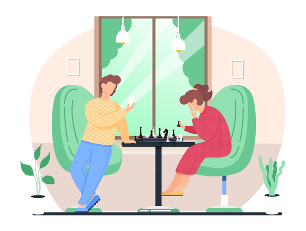 Man and woman playing chess in living room Illustration