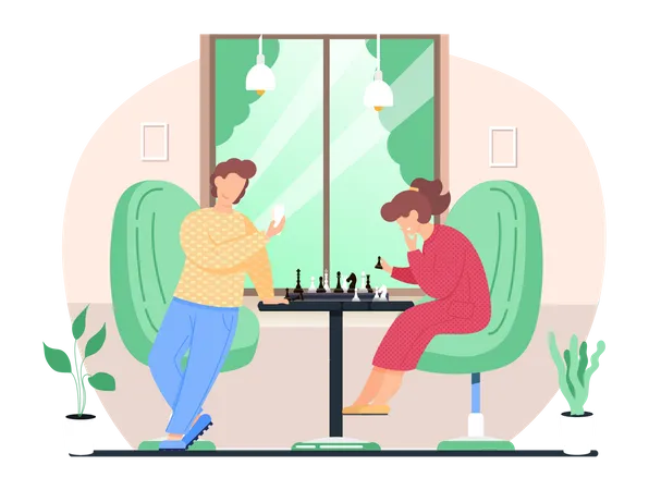 Man and woman playing chess in living room Illustration