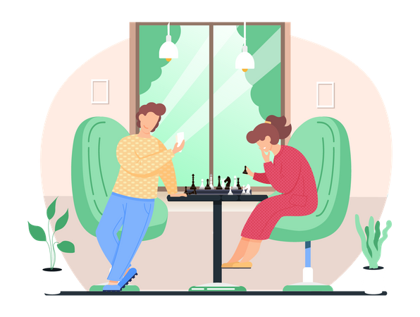 Man and woman playing chess in living room  Illustration