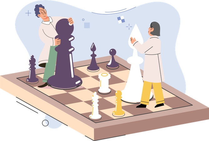 Man and woman playing chess stand on chessboard with figures  Illustration