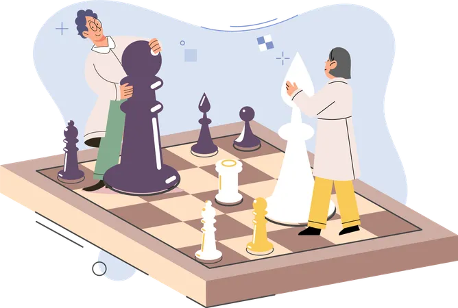 Man and woman playing chess stand on chessboard with figures  Illustration