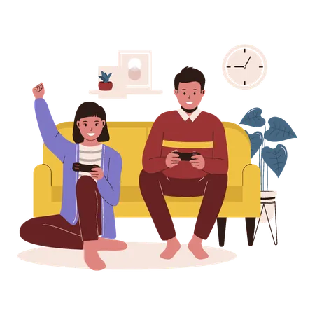 Man And Woman Playing Game At Sofa People Activities At Sofa Vector Illustration Concept Illustration