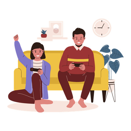 Man and woman playing game at sofa  Illustration