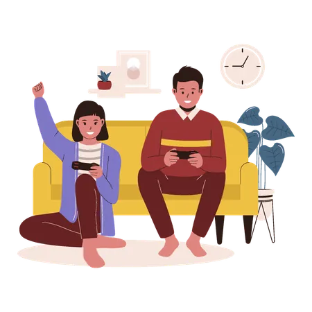 Man and woman playing game at sofa  Illustration