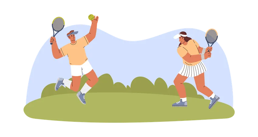 Man And Woman Playing Tennis Outdoors Cartoon Flat Vector Illustration Isolated Tennis Players Characters Playing On Grass Court Illustration