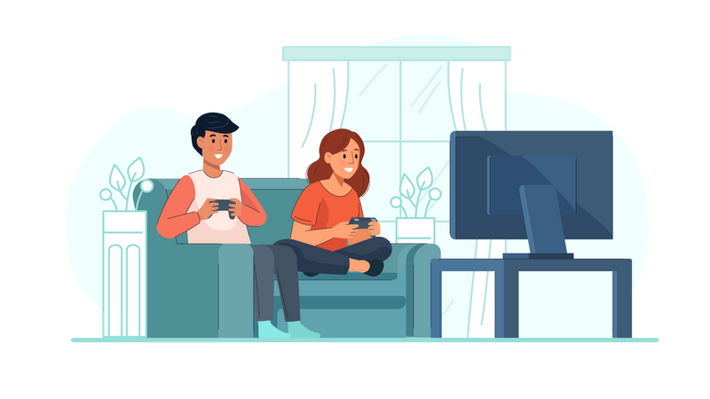 Man and woman playing video game Illustration
