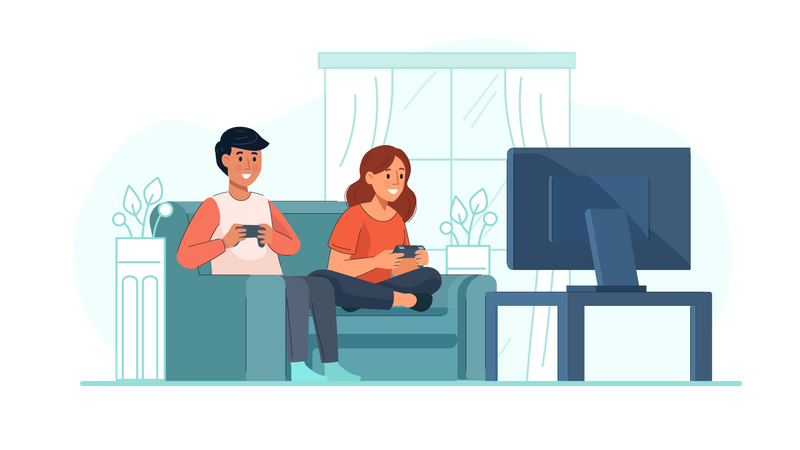 Man and woman playing video game  Illustration