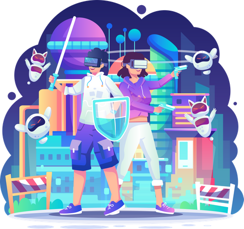 Man and woman playing VR game  Illustration