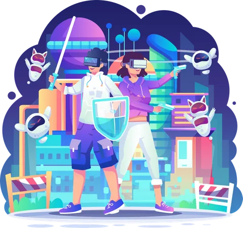 Man and woman playing VR game Illustration