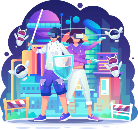 Man and woman playing VR game  Illustration