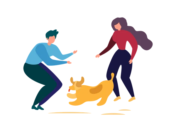 Man and woman playing with dog in park Illustration