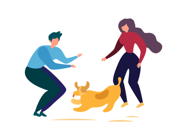 Man and woman playing with dog in park  Illustration