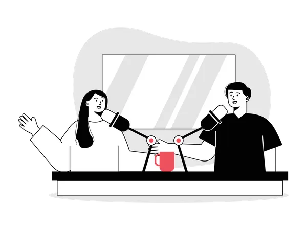 Man and woman podcasting show together  Illustration