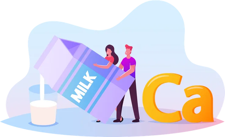Man and Woman Pouring Milk from Huge Package for Drinking Illustration