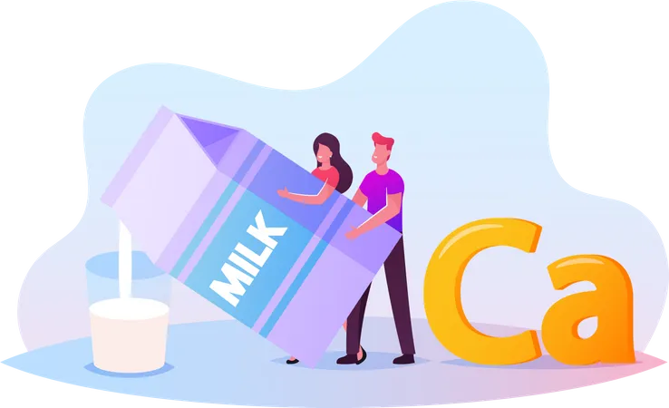 Man and Woman Pouring Milk from Huge Package for Drinking  Illustration