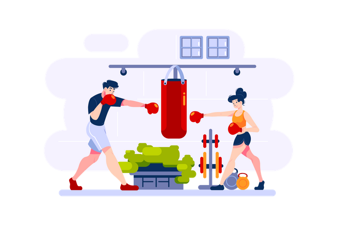 Man and woman practice boxing Illustration
