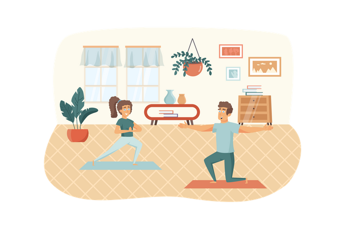 Man and woman practicing yoga at room  Illustration