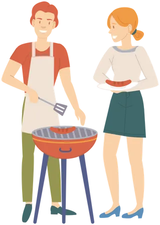 Man and woman preparing steak for picnic  Illustration