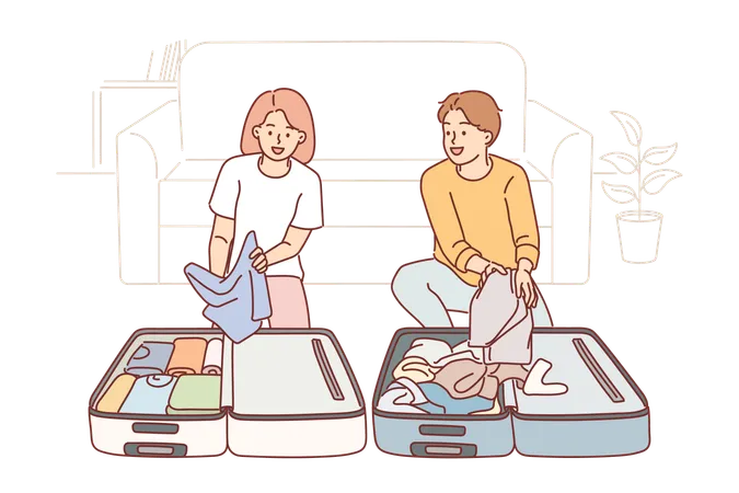 Man And Woman Are Collecting Baggage Preparing To Go On Trip And Kneeling Near Travel Suitcases With Clothes Happy Couple With Baggage For Summer Vacation On Hot Island Or Round World Cruise Illustration