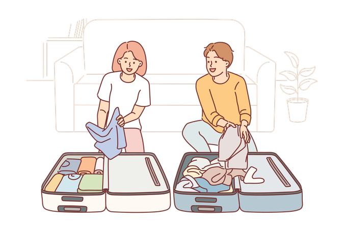 Man and woman preparing to go on trip  Illustration